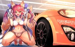 Rule 34 | 1girl, adapted costume, animal ear fluff, animal ears, blush, boots, breasts, car, cleavage, cleavage cutout, clothes writing, clothing cutout, elbow gloves, fang, fate (series), fox ears, fox shadow puppet, fox tail, full body, gloves, high heels, highleg, highres, kneeling, large breasts, long hair, looking at viewer, midriff, motor vehicle, navel, official alternate costume, open mouth, pink hair, race queen, solo, tail, tamamo (fate), tamamo no mae (fate/extra), tamamo no mae (type-moon racing) (fate), thigh boots, thighhighs, toyota 86, toyota gt86, wisespeak, yellow eyes
