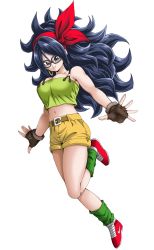 Rule 34 | 1girl, :o, android 21, arm at side, bare shoulders, black eyes, blue hair, blush, breasts, cleavage, cosplay, dragon ball, dragon ball (classic), female focus, fingerless gloves, full body, glasses, gloves, green tank top, hair ribbon, hand on own cheek, hand on own face, highres, large breasts, legs, light blush, long hair, looking at viewer, lunch (dragon ball), midriff, navel, open mouth, red ribbon, ribbon, short shorts, shorts, simple background, sleeveless, solo, tank top, thighs, transparent background, white background, yellow shorts, young jijii