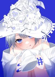 Rule 34 | 1girl, absurdres, bandaid, bandaid on knee, bandaid on leg, blue background, blush, bow, commentary, envelope, grey hair, hat, hat bow, hat ribbon, highres, knees up, long sleeves, looking at viewer, off-shoulder sweater, off shoulder, original, ribbon, short hair, sitting, sleeves past fingers, sleeves past wrists, smile, solo, stuffed animal, stuffed toy, sweater, tank top, teddy bear, tongue, tongue out, wanko (yurika0320), witch hat