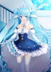 Rule 34 | 1girl, :d, absurdly long hair, absurdres, bare shoulders, blue dress, blue eyes, blue hair, blurry, blush, breasts, cleavage, depth of field, detached collar, detached sleeves, dress, earrings, feet out of frame, fortissimo, frilled dress, frilled sleeves, frills, hair ornament, hatsune miku, highres, huge filesize, jewelry, juliet sleeves, layered dress, long hair, long sleeves, looking at viewer, mamel 27, medium breasts, musical note, musical note hair ornament, open mouth, puffy sleeves, railing, sidelocks, sleeves past wrists, smile, snowflake hair ornament, solo, stairs, standing, tareme, teeth, thighhighs, twintails, upper teeth only, very long hair, vocaloid, walking, white thighhighs, yuki miku