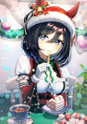Rule 34 | 1girl, bell, black hair, blue eyes, blurry, blurry background, blurry foreground, blush, bow, bowtie, cake, chair, commentary request, cup, detached sleeves, dirndl, eishin flash (umamusume), food, fork, german clothes, green bow, green bowtie, holding, holding fork, holding plate, horse girl, indoors, looking at viewer, plant, plate, saucer, signature, sitting, solo, strawberry shortcake, teacup, tinsel, umamusume, utensil in mouth, yamahara