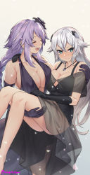 Rule 34 | 2girls, bare legs, black dress, black heart (neptunia), braid, breasts, carrying, closed eyes, commentary, commission, dress, earrings, elbow gloves, embarrassed, english commentary, friends, ge-b, gloves, green eyes, hair between eyes, happy, highres, jewelry, large breasts, long hair, medium breasts, multiple girls, neptune (neptunia), neptune (series), noire (neptunia), open mouth, princess carry, purple heart (neptunia), purple heart (goddesses&#039; promise), sidelocks, smile, tsundere, white hair, yuri