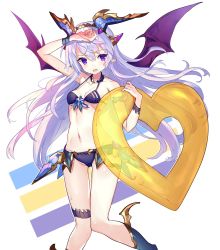 Rule 34 | 1girl, abusoru, arm up, bikini, breasts, hair ornament, halterneck, heart, highres, holding, holding swim ring, innertube, long hair, looking at viewer, navel, pointy ears, purple eyes, purple hair, simple background, small breasts, smile, solo, standing, stomach, sweat, swim ring, swimsuit, thigh strap, very long hair, white background, wings