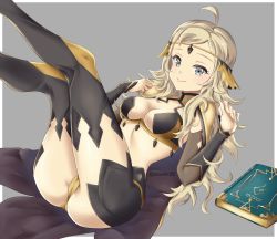 Rule 34 | 1girl, absurdres, ahoge, blonde hair, book, breasts, cape, center opening, circlet, closed mouth, fire emblem, fire emblem fates, grey background, grey eyes, highres, legs up, long hair, lying, medium breasts, nintendo, on back, ophelia (fire emblem), simple background, smile, solo, steeb, thighhighs, twitter username