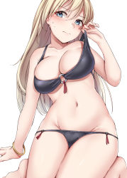 Rule 34 | 1girl, absurdres, bare arms, bare legs, bare shoulders, barefoot, bikini, bikini pull, bismarck (kancolle), black bikini, blue eyes, blush, bracelet, breasts, clothes pull, collarbone, commentary request, groin, hair between eyes, highres, jewelry, kantai collection, kiritto, large breasts, long hair, looking at viewer, navel, simple background, sitting, skindentation, solo, string bikini, sweatdrop, swimsuit, white background