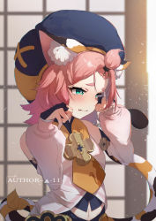 Rule 34 | 1girl, absurdres, animal ears, bare shoulders, blush, cat ears, cat tail, crying, detached sleeves, diona (genshin impact), eyebrows, fang, fingerless gloves, genshin impact, gloves, half-closed eyes, highres, long sleeves, looking to the side, navel, neckerchief, pink hair, sad, short eyebrows, short hair, tail, tears, triangle-11, upper body, yellow neckerchief