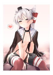 Rule 34 | 1girl, absurdres, amatsukaze (kancolle), arm support, between legs, black choker, black hairband, black panties, blush, breasts, brown dress, choker, closed mouth, collarbone, commentary request, cum, cum on body, cum on upper body, dress, fingernails, hair tubes, hairband, hand between legs, head tilt, heart, highres, kantai collection, long hair, long sleeves, open clothes, open dress, panties, red thighhighs, sailor collar, sailor dress, short dress, side-tie panties, silver hair, sitting, small breasts, smokestack, solo, spoken heart, sweat, thighhighs, two side up, underwear, untied panties, very long hair, white sailor collar, zetsuriinu (kairyougata)
