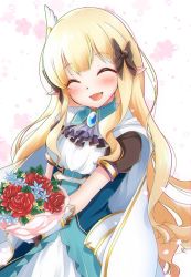Rule 34 | 1girl, ^ ^, black bow, blonde hair, blue eyes, blush, bow, breasts, closed eyes, elf, falling petals, flower, hair bow, hair ornament, highres, long hair, miso bon, open mouth, petals, pointy ears, princess connect!, saren (princess connect!), smile, solo, white background