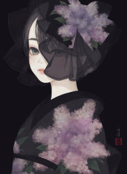 Rule 34 | 1girl, absurdres, black background, black kimono, commentary, floral print, flower, from side, funeral kimono, grey eyes, grey hair, highres, japanese clothes, kimono, lilac, looking at viewer, looking to the side, medibang paint (medium), obi, obiage, original, parted lips, print kimono, purple flower, sash, seal impression, short hair, signature, simple background, solo, standing, upper body, ushiyama ame, veil