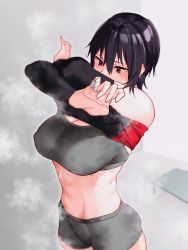 Rule 34 | 1girl, absurdres, bandaged fingers, bandages, black bra, black hair, black panties, black shirt, bra, breasts, clothes lift, commentary request, crossed arms, detached sleeves, grey background, highres, kagto (alterna), large breasts, lifting own clothes, no pants, original, panties, red eyes, shirt, shirt lift, short hair, simple background, solo, sportswear, standing, steaming body, sweat, textless version, toned, underwear, undressing, volleyball uniform