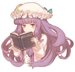 Rule 34 | 1girl, book, bow, crescent, floating hair, frills, hair bow, hat, holding, jitome, kikugetsu, long hair, long sleeves, patchouli knowledge, purple eyes, purple hair, ribbon, sidelocks, simple background, solo, touhou, upper body, white background