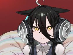 Rule 34 | 1girl, :&lt;, ahoge, animal ears, black hair, blue vest, closed mouth, collared shirt, earrings, ears down, furrowed brow, hair between eyes, headphones, highres, horse ears, horse girl, jewelry, long hair, looking at viewer, manhattan cafe (umamusume), multicolored hair, photo-referenced, pillow, red background, semicolon chan, shirt, single earring, solo, streaked hair, twitter username, two-tone hair, umamusume, upper body, vest, white shirt, yellow eyes