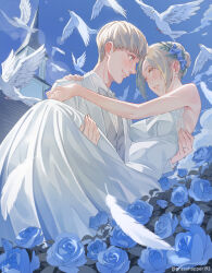 1boy 1girl annie_leonhart armin_arlert artist_name bare_shoulders bird blonde_hair blue_flower blue_rose blue_sky blush bow bowtie breasts carrying closed_mouth cloud day dove dress earrings falling_feathers feathers flower flower_wreath formal grasshopper193 grey_bow grey_bowtie grey_vest hair_bun hair_flower hair_ornament highres jewelry lens_flare looking_at_another medium_breasts outdoors parted_lips pearl_earrings princess_carry ring rose shingeki_no_kyojin shirt short_hair sky suit teeth twitter_username very_short_hair vest wedding_dress white_bird white_shirt white_suit