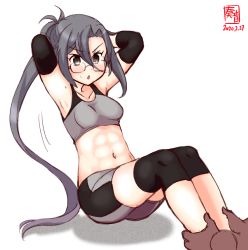 Rule 34 | 1girl, 1other, abs, alternate costume, amagiri (kancolle), arms behind head, artist logo, asymmetrical bangs, bike shorts, commentary request, dated, elbow pads, exercising, full body, glasses, grey eyes, grey hair, hair between eyes, highres, kanon (kurogane knights), kantai collection, knee pads, long hair, midriff, ponytail, simple background, sit-up, sports bra, very long hair, white background