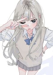 Rule 34 | 1girl, black eyes, blonde hair, blue nails, blue neckerchief, blush, bracelet, collarbone, collared shirt, commentary request, ear piercing, fingernails, hair behind ear, hamafugu, hand on own hip, hand up, highres, jewelry, legs, long fingernails, long hair, long sleeves, looking at viewer, nail polish, neckerchief, necklace, one eye closed, open mouth, original, piercing, pleated skirt, school uniform, shirt, simple background, skirt, solo, sparkle, standing, star (symbol), star necklace, sweater vest, swept bangs, tongue, upper body, v, white background, white shirt