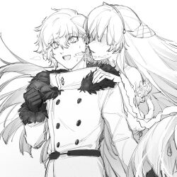 Rule 34 | 1boy, 1girl, anastasia (fate), blowing in ear, clenched hand, coat, cold, fate/grand order, fate (series), fur-trimmed coat, fur trim, gloves, greyscale, hand on another&#039;s shoulder, highres, kadoc zemlupus, long hair, monochrome, qiuyun62303677, visible air