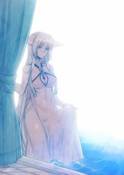Rule 34 | 1girl, animal ears, backlighting, bare arms, bare shoulders, blue eyes, breasts, cleavage, curtains, dress, fox ears, jewelry, konshin, necklace, orie mishiro, original, pendant, see-through, solo, water, wet, wet clothes, wet dress, white dress, white hair