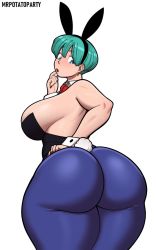 Rule 34 | 1girl, animal ears, aqua hair, artist name, ass, ass focus, bare shoulders, black leotard, blue eyes, blue pantyhose, bow, bowtie, breasts, bulma, collar, cowboy shot, curvy, detached collar, dragon ball, dragonball z, earrings, eyebrows, eyelashes, fake animal ears, fake tail, female focus, hand on own ass, highres, huge ass, jewelry, large breasts, leotard, lipstick, looking back, looking down, makeup, mature female, nail polish, official alternate costume, pantyhose, playboy bunny, rabbit ears, rabbit tail, red bow, red bowtie, red nails, short hair, sideboob, simple background, solo, standing, starchy (mrpotatoparty), strapless, strapless leotard, tail, thick thighs, thighs, white background, white collar, white wrist cuffs, wrist cuffs