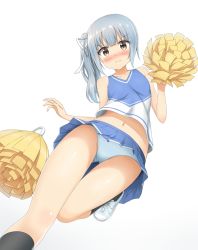 Rule 34 | 10s, 1girl, alternate costume, bare arms, bare shoulders, black socks, blue hair, blue panties, blush, brown eyes, cheerleader, closed mouth, collarbone, commentary request, embarrassed, eyebrows, hair ribbon, kantai collection, kasumi (kancolle), kneehighs, navel, nedia (nedia region), nose blush, panties, pantyshot, pom pom (cheerleading), ribbon, shoes, side ponytail, simple background, socks, solo, underwear, white background