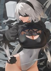 Rule 34 | 1girl, black blindfold, black hairband, blindfold, breasts, cleavage cutout, clothing cutout, covered eyes, covered navel, feather-trimmed sleeves, feather trim, hairband, heattech leotard, highres, hood (james x), juliet sleeves, large breasts, leotard, long sleeves, nier:automata, nier (series), pod (nier:automata), puffy sleeves, silver hair, thighs, white leotard, wide hips, 2b (nier:automata)