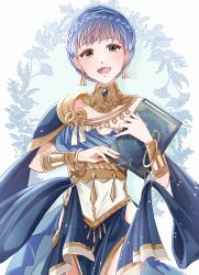 Rule 34 | 1girl, :d, bare shoulders, blue dress, blue hair, book, bracelet, braid, brown eyes, commentary request, cowboy shot, crests (fire emblem), crown braid, dancer (fire emblem: three houses), dress, fire emblem, fire emblem: three houses, fire emblem heroes, highres, holding, holding book, jewelry, looking at viewer, marianne von edmund, neck ring, nintendo, open mouth, short hair, single-shoulder dress, smile, solo, standing, yutohiroya