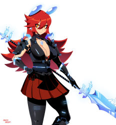 Rule 34 | 1girl, absurdres, animal ears, armor, black gloves, black pantyhose, bra, breasts, cleavage, closed mouth, commentary request, elbow gloves, eyes visible through hair, gloves, hair between eyes, hand on own hip, highres, holding, holding weapon, lance, large breasts, long hair, looking at viewer, nintendo, orange eyes, original, pantyhose, pleated skirt, polearm, red bra, red hair, red skirt, reddgeist, sash, shoulder armor, signature, simple background, skirt, solo, underwear, weapon, white background, xenoblade chronicles (series), xenoblade chronicles 2