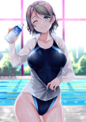 Rule 34 | 1girl, absurdres, black one-piece swimsuit, blue eyes, blurry, bottle, chair, competition swimsuit, cowboy shot, depth of field, grey hair, highleg, highleg swimsuit, highres, indoors, jacket, looking at viewer, love live!, love live! sunshine!!, one-piece swimsuit, one eye closed, open clothes, open jacket, pool, rama (yu-light8), short hair, smile, solo, standing, swimsuit, swimsuit under clothes, two-tone swimsuit, watanabe you, wet, wet clothes, wet swimsuit, white jacket