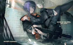Rule 34 | 1girl, blue eyes, breasts, bullet, closed mouth, cyborg, eyes visible through hair, ghost in the shell, ghost in the shell: sac 2045, hair between eyes, holding, holding weapon, injury, kusanagi motoko, large breasts, looking to the side, maeshima shigeki, purple hair, shell casing, short hair, sunlight, suppressor, tile floor, tile wall, tiles, under fire, weapon