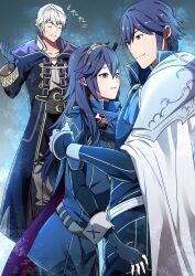 Rule 34 | 1girl, 2boys, ameno (a meno0), blue aura, blue eyes, blue hair, chrom (fire emblem), closed mouth, coat, father and daughter, fingerless gloves, fire emblem, fire emblem awakening, fire emblem engage, gloves, grey hair, hair between eyes, hug, long sleeves, lucina (fire emblem), multiple boys, nintendo, pants, robin (fire emblem), robin (male) (fire emblem), short hair, sigh, smile, standing, sweatdrop, sweater, symbol-shaped pupils, tiara