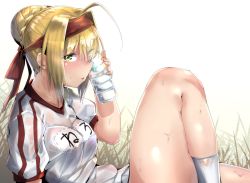 Rule 34 | 1girl, absurdres, ahoge, blonde hair, blush, bottle, braid, breasts, fate/extra, fate/grand order, fate (series), french braid, green eyes, gym shirt, hair bun, hair intakes, hair ribbon, highres, knee up, large breasts, long hair, looking at viewer, name tag, nero claudius (fate), nero claudius (fate) (all), nero claudius (fate/extra), nero claudius (olympian bloomers) (fate), official alternate costume, red ribbon, ribbon, shirt, short sleeves, single hair bun, sitting, solo, thighs, uno ryoku, water bottle, white shirt