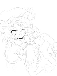Rule 34 | 1girl, animal ears, ascot, bad id, bad pixiv id, cat ears, cat girl, cat tail, fang, feet, female focus, flandre scarlet, greyscale, highres, kemonomimi mode, lineart, lying, monochrome, on back, one eye closed, open mouth, paw pose, side ponytail, solo, tail, embodiment of scarlet devil, touhou, wings, wink, wrist cuffs, yumemomosaka