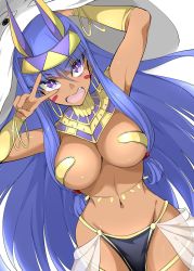 Rule 34 | 1girl, animal ears, arm up, armpits, arms up, bangle, blanket, blush, bracelet, bracer, breasts, bright pupils, cleavage, cowboy shot, dark-skinned female, dark skin, dutch angle, earrings, egyptian clothes, facepaint, fang, fate/grand order, fate (series), hairband, highres, hoop earrings, jackal ears, jewelry, large breasts, long hair, looking at viewer, medjed (fate), navel, nitocris (fate), nitocris (fate/grand order), nitocris (swimsuit assassin) (fate), nitocris (third ascension) (fate), open mouth, purple eyes, revealing clothes, see-through, sidelocks, simple background, solo, stomach, straight hair, two-tone hairband, ugono takenoko, v-shaped eyebrows, v over eye, very long hair, white background
