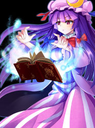 Rule 34 | 1girl, black background, book, bow, crescent, hair bow, hat, long hair, orb, patchouli knowledge, purple eyes, purple hair, ribbon, solo, touhou, z.o.b