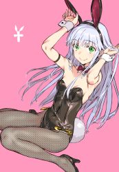 Rule 34 | 1girl, absurdres, animal ears, arm strap, arms up, black leotard, bow, bowtie, breasts, cleavage, commentary request, detached collar, fake animal ears, fake tail, fishnet legwear, fishnets, green eyes, haimura kiyotaka, hand in own hair, high heels, highres, index (toaru majutsu no index), leotard, long hair, looking at viewer, pink background, playboy bunny, rabbit ears, rabbit tail, red bow, red bowtie, side-tie leotard, silver hair, sitting, small breasts, smile, solo, strapless, strapless leotard, tail, toaru majutsu no index, traditional bowtie, wariza, wrist cuffs