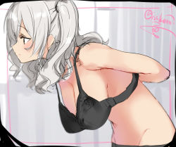 Rule 34 | 10s, 1girl, arms behind back, black bra, black panties, bra, breasts, cleavage, closed mouth, fitting room, hanging breasts, isshiki (ffmania7), kantai collection, kashima (kancolle), large breasts, leaning forward, looking to the side, panties, silver hair, sketch, solo, twintails, twitter username, underwear, underwear only, upper body