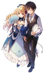 Rule 34 | 1boy, 1girl, bcoca, blonde hair, blue dress, breasts, brown hair, cleavage, dress, drill hair, hand fan, official art, pants, red eyes, smile, tagme
