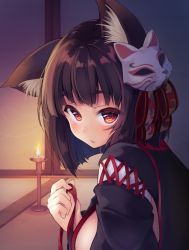 Rule 34 | 1girl, animal ears, azur lane, black kimono, blush, brown hair, candle, candlelight, cat ears, commentary request, fox mask, highres, holding, holding ribbon, indoors, irone (miyamiya38), japanese clothes, kimono, looking at viewer, looking to the side, mask, mask on head, parted lips, red eyes, red ribbon, ribbon, short hair, solo, thick eyebrows, yamashiro (azur lane)