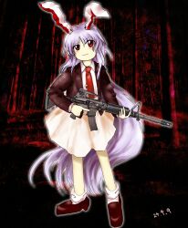 Rule 34 | 1girl, :|, absurdres, animal ears, ar-15, black jacket, blazer, bobby socks, carrot pin, closed mouth, collared shirt, commentary, dated, forest, gun, head tilt, highres, holding, holding gun, holding weapon, jacket, loafers, long hair, long sleeves, nature, necktie, photo background, purple hair, rabbit ears, rabbit girl, red background, red eyes, red necktie, reisen udongein inaba, rifle, shirt, shoes, skirt, socks, solo, touhou, tree, trigger discipline, very long hair, weapon, white shirt, white socks, yukine 0930, zun (style)