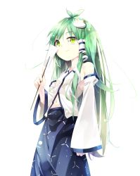 Rule 34 | 1girl, bare shoulders, blue skirt, closed mouth, detached sleeves, frog hair ornament, gohei, gorilla (bun0615), green eyes, green hair, hair ornament, highres, holding, japanese clothes, kochiya sanae, long hair, navel, nontraditional miko, ribbon-trimmed sleeves, ribbon trim, simple background, skirt, snake hair ornament, solo, touhou, white background, white sleeves, wide sleeves