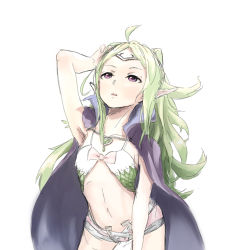 Rule 34 | 1girl, :o, ahoge, arm up, armpits, balrith, belt, bow, brooch, camisole, cape, circlet, cowboy shot, crop top, dragon girl, fire emblem, fire emblem awakening, flat chest, green hair, groin, hand on own head, heart, high collar, highres, jewelry, long hair, long pointy ears, looking up, microskirt, midriff, navel, nintendo, no bra, nowi (fire emblem), open clothes, open mouth, pointy ears, purple eyes, scales, simple background, sketch, skirt, solo, unzipped, very long hair, wavy hair, white background