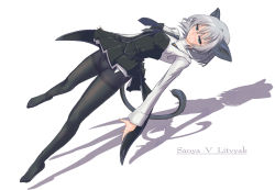Rule 34 | 1girl, animal ears, aqua eyes, blush, cat ears, cat tail, character name, crotch seam, grey hair, legs, necktie, nenchi, panties, panties under pantyhose, pantyhose, sanya v. litvyak, smile, solo, strike witches, tail, thighband pantyhose, underwear, world witches series