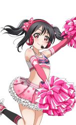 Rule 34 | 1girl, arm up, artist request, bare shoulders, black hair, blush, bow, character name, cheerleader, clothes writing, collarbone, copyright name, elbow gloves, flat chest, frills, gloves, headset, jumping, kneehighs, long hair, looking at viewer, love live!, love live! school idol festival, love live! school idol festival after school activity, love live! school idol project, midriff, official art, pom pom (cheerleading), red eyes, skirt, smile, socks, solo, takaramonozu, transparent background, twintails, yazawa nico