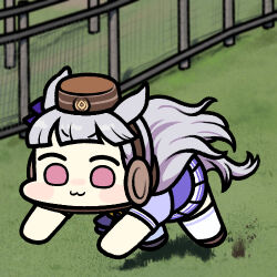 Rule 34 | 1girl, :3, all fours, animal ears, blunt bangs, bow, brown footwear, brown headwear, chibi, commentary, ear bow, fence, gold ship (umamusume), grey hair, headgear, horse ears, horse girl, horse tail, imitating, jazz jack, long hair, lowres, on grass, outdoors, photo-referenced, pillbox hat, pink eyes, pleated skirt, pose imitation, puffy short sleeves, puffy sleeves, purple bow, running, school uniform, short sleeves, skirt, solo, summer uniform, tail, thighhighs, tracen school uniform, umamusume, white thighhighs, wide face