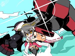 Rule 34 | 00s, 10s, 1girl, black hair, brown eyes, cannon, clenched hand, cloud, detached sleeves, dutch angle, extra arms, fighting stance, glint, gun, hairband, haruna (kancolle), japanese clothes, kantai collection, long hair, mechanical arms, nanateru, nontraditional miko, open mouth, outstretched arm, punching, ribbon, signature, single mechanical arm, solo, tengen toppa gurren lagann, thighhighs, water, weapon