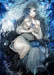 Rule 34 | 1girl, :d, absurdres, apt, bare shoulders, black eyes, black nails, blue rose, breasts, detached sleeves, dress, flower, grey hair, hair flower, hair ornament, hair over one eye, highres, large breasts, long hair, looking at viewer, monster girl, nail polish, open mouth, original, pale skin, plant girl, rose, smile, solo, very long hair, wavy hair, white dress
