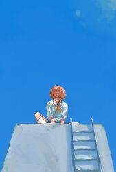 Rule 34 | 1girl, absurdres, blue skirt, blue sky, closed mouth, collared shirt, commentary, day, earbuds, earphones, from below, half-closed eyes, hatano mutsumi, hide tani, highres, knee up, kneehighs, ladder, missing parts: the tantei stories, neck ribbon, on roof, one eye covered, orange eyes, orange hair, outdoors, ribbon, school uniform, shirt, short hair, short sleeves, sitting, skirt, sky, socks, solo, spread legs, v arms, white shirt, white socks, wide shot, yellow ribbon