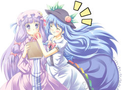 Rule 34 | 2girls, bad id, bad pixiv id, bow, female focus, food, fruit, hat, hinanawi tenshi, momo at ten, multiple girls, patchouli knowledge, peach, pink bow, touhou