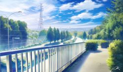 Rule 34 | blue sky, building, bush, cloud, dated, day, fence, highres, hill, lamppost, light particles, light rays, no humans, nzwt, original, pavement, power lines, railing, road, road sign, scenery, sign, signature, sky, sunbeam, sunlight, tokyo (city), transmission tower, tree