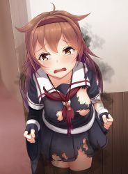 Rule 34 | 1girl, absurdres, black gloves, black serafuku, breasts, brown eyes, cowboy shot, fingerless gloves, gloves, hair flaps, hairband, highres, kantai collection, long hair, looking at viewer, medium breasts, neckerchief, open mouth, red hairband, red neckerchief, rumachi, school uniform, serafuku, shiratsuyu (kancolle), smoke, solo, standing, tears, torn clothes, whistle, whistle around neck