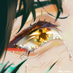 Rule 34 | 2boys, absurdres, ahblue, aqua hair, artist name, black hair, commentary, crying, english commentary, eye focus, eye reflection, eyelashes, genshin impact, helping, highres, instagram logo, instagram username, looking at another, multicolored hair, multiple boys, outstretched hand, reflection, streaked hair, tearing up, tears, twitter logo, twitter username, xiao (genshin impact), yellow eyes, zhongli (genshin impact)